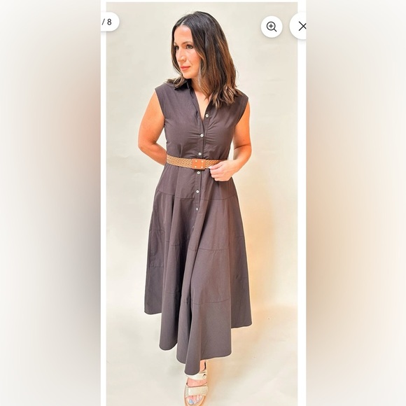 NWOT- Taylor cocoa poplin sleeveless belted midi dress - Picture 5 of 11